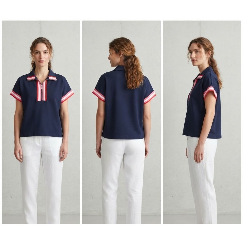 Entro Half-Zip Polo Shirt Womens L Navy Blue Striped Trim Stretch Short Sleeve